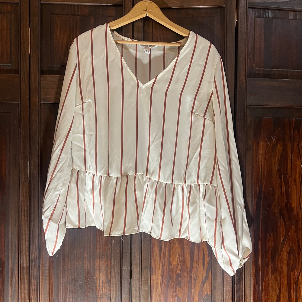 Nine West Cream and rust Striped Peplum Blouse‎